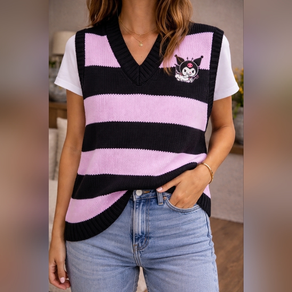 Hello Kitty x Forever 21 Pink Black Striped Oversized Sweater Vest